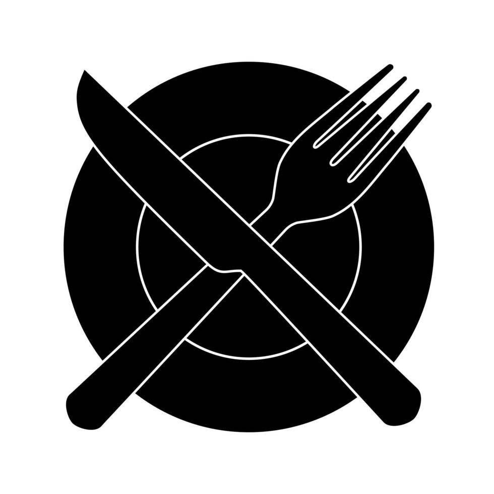 Plate, fork and knife icon vector in flat style. Food symbol isolated on blank background.