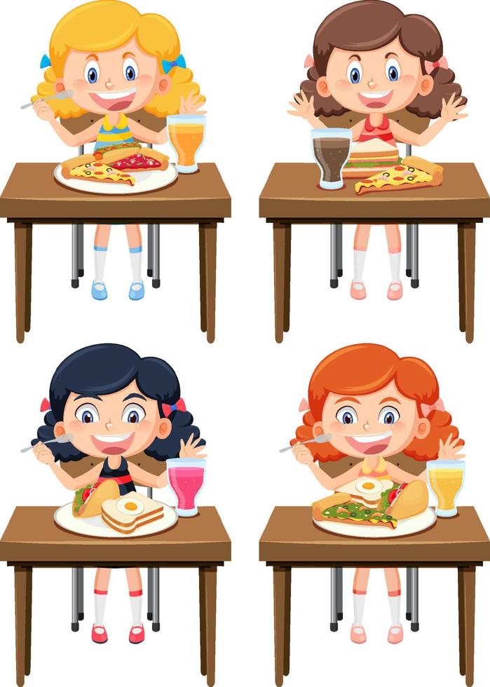 Different girls enjoy eating food set vector