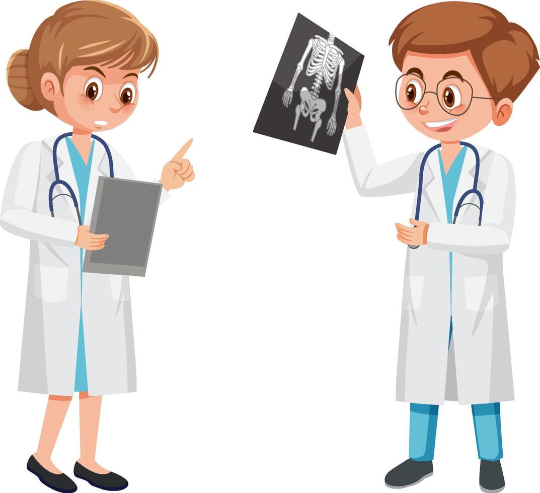 médicos masculinos y femeninos con película de rayos x vector