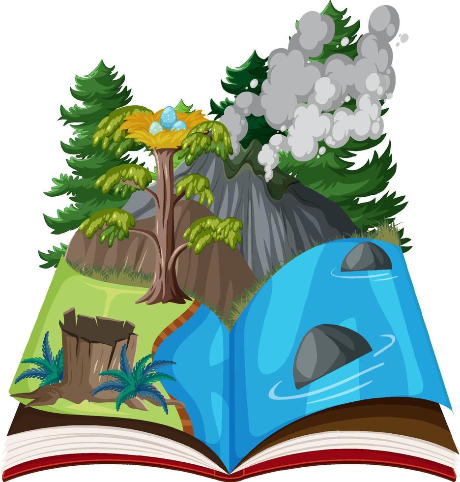 libro abierto con bosque prehistórico vector