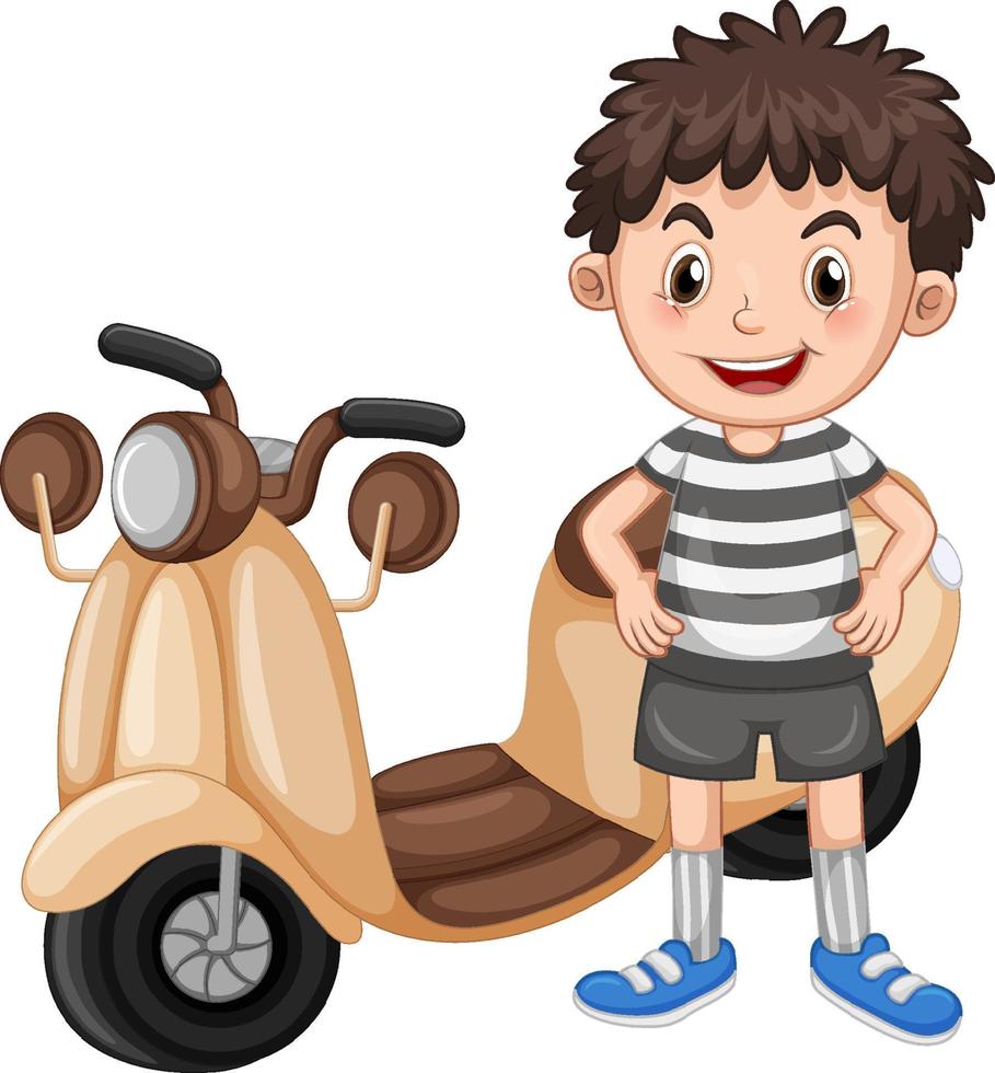 Cartoon boy standing beside motorcycle vector