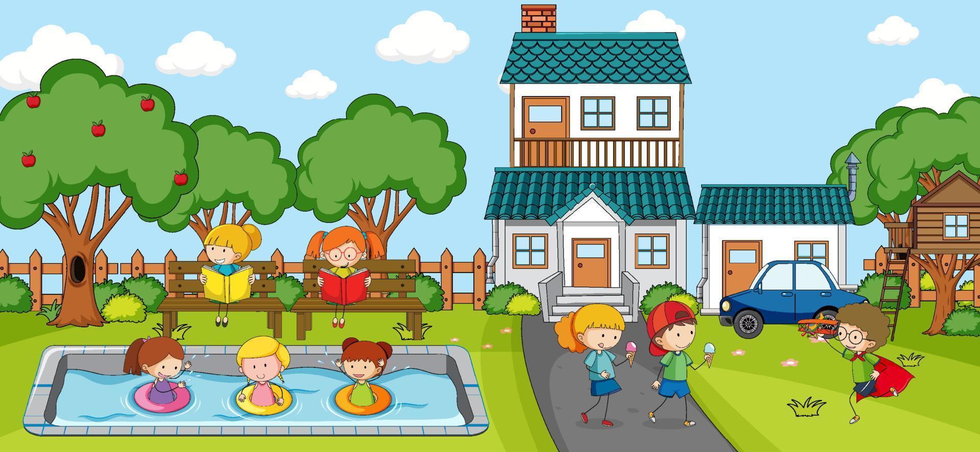 Outdoor scene with doodle house cartoon vector