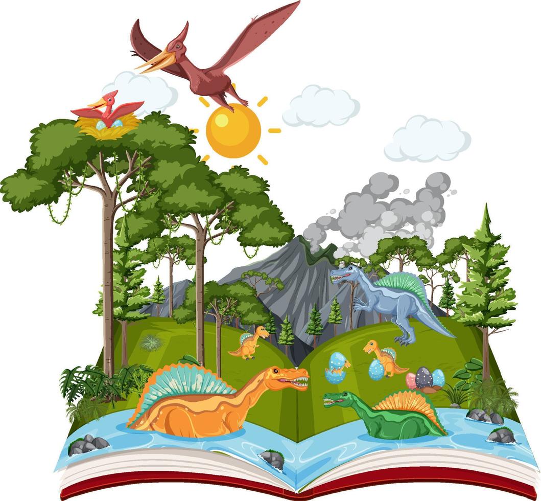 libro abierto con varios dinosaurios en el bosque vector