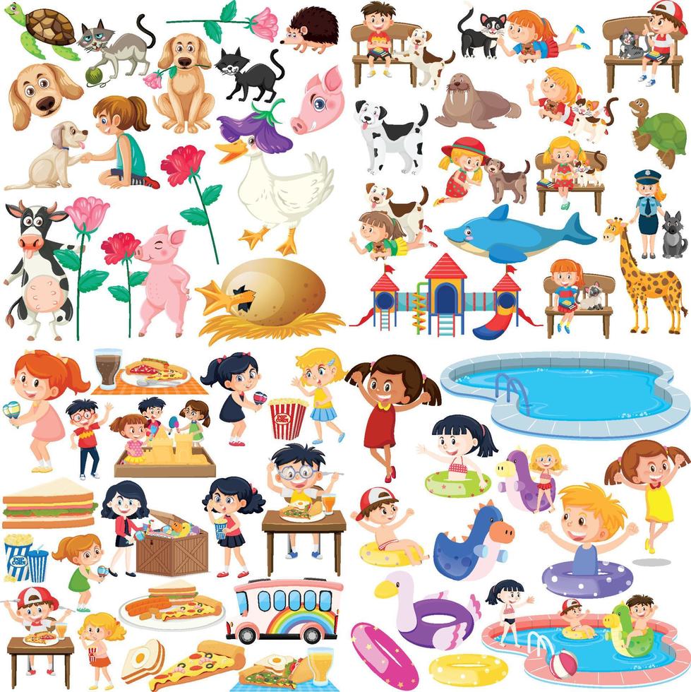 Set of different cute kids and objects vector