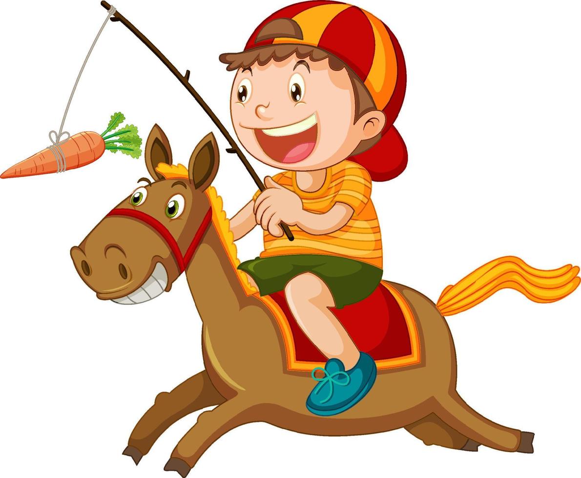 niño montando un caballo pescando una zanahoria vector