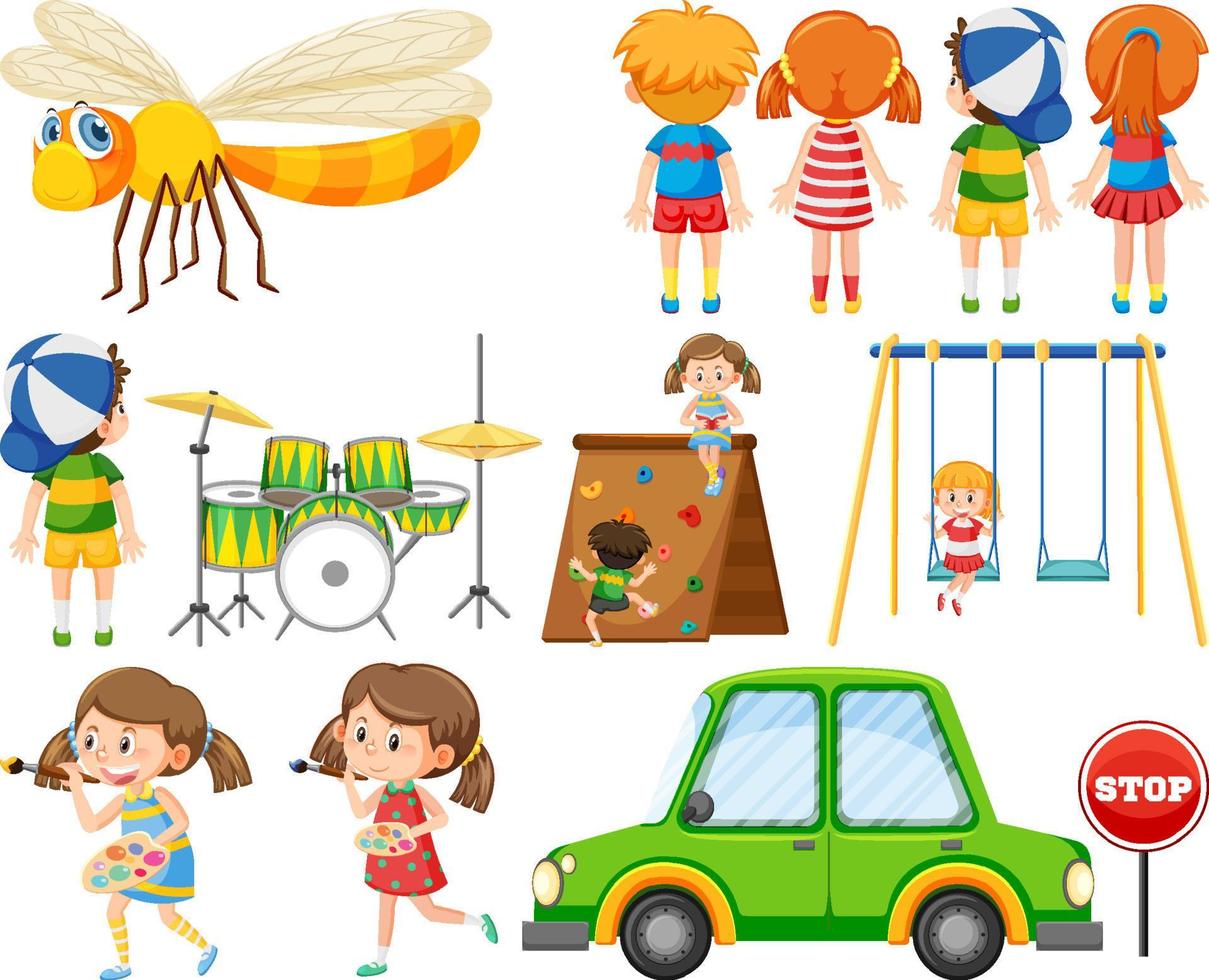 Set of different cute kids and objects vector