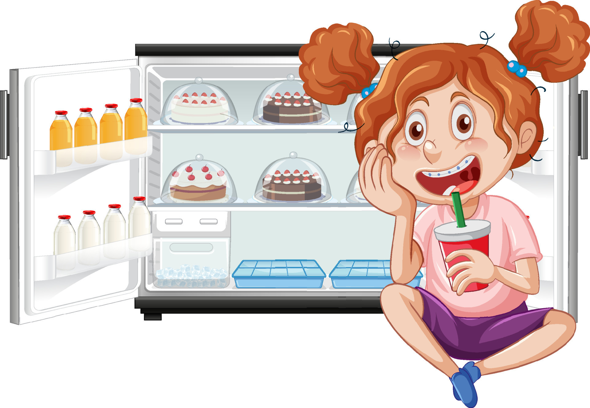 Hungry girl enjoy eating in front of refrigerator 8135227 Vector Art at  Vecteezy