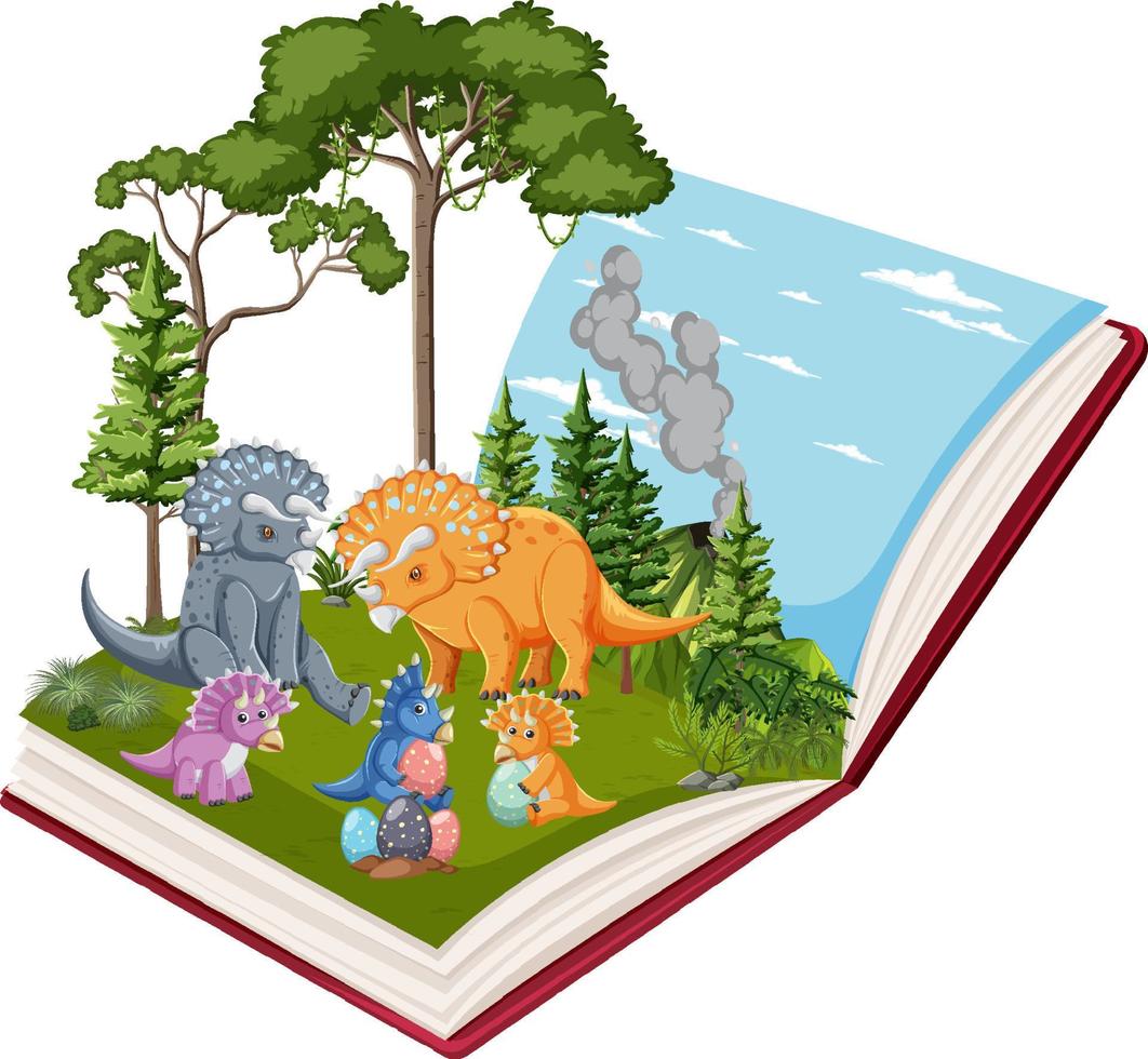 Opened book with various dinosaurs in the forest vector