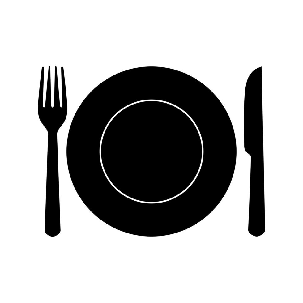 Plate, fork and knife icon vector in flat style. Food symbol isolated on blank background.