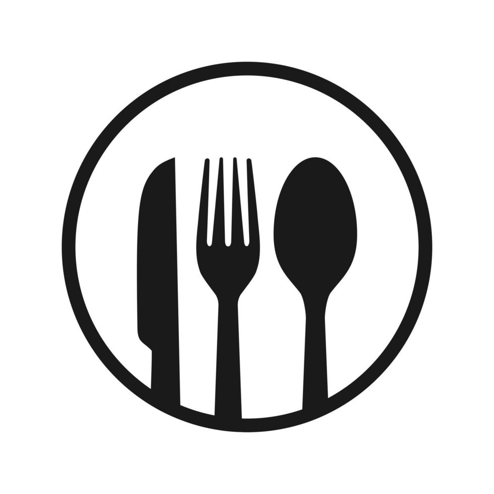 Ilustración de vector de icono de plato, cuchara, tenedor y cuchillo en estilo de diseño de moda