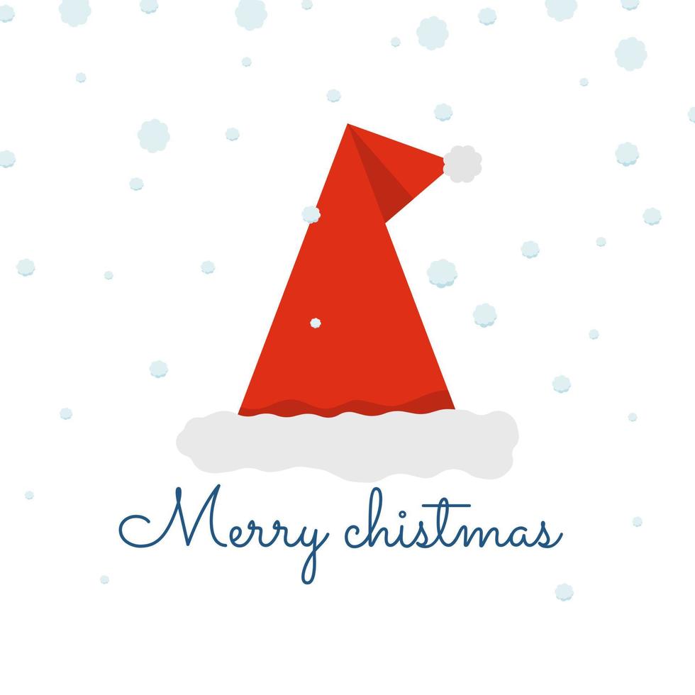 Christmas card with santa claus hat on white background with snow falling and Christmas Greeting vector