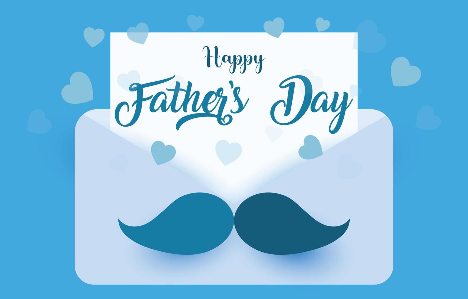 Vector illustration of envelope and father's Day greeting card, with Happy Father's Day lettering decorated with hearts and blue background.