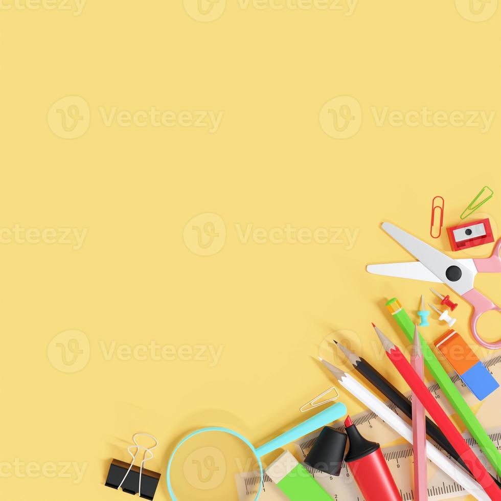 back to school supplies on yellow table background photo