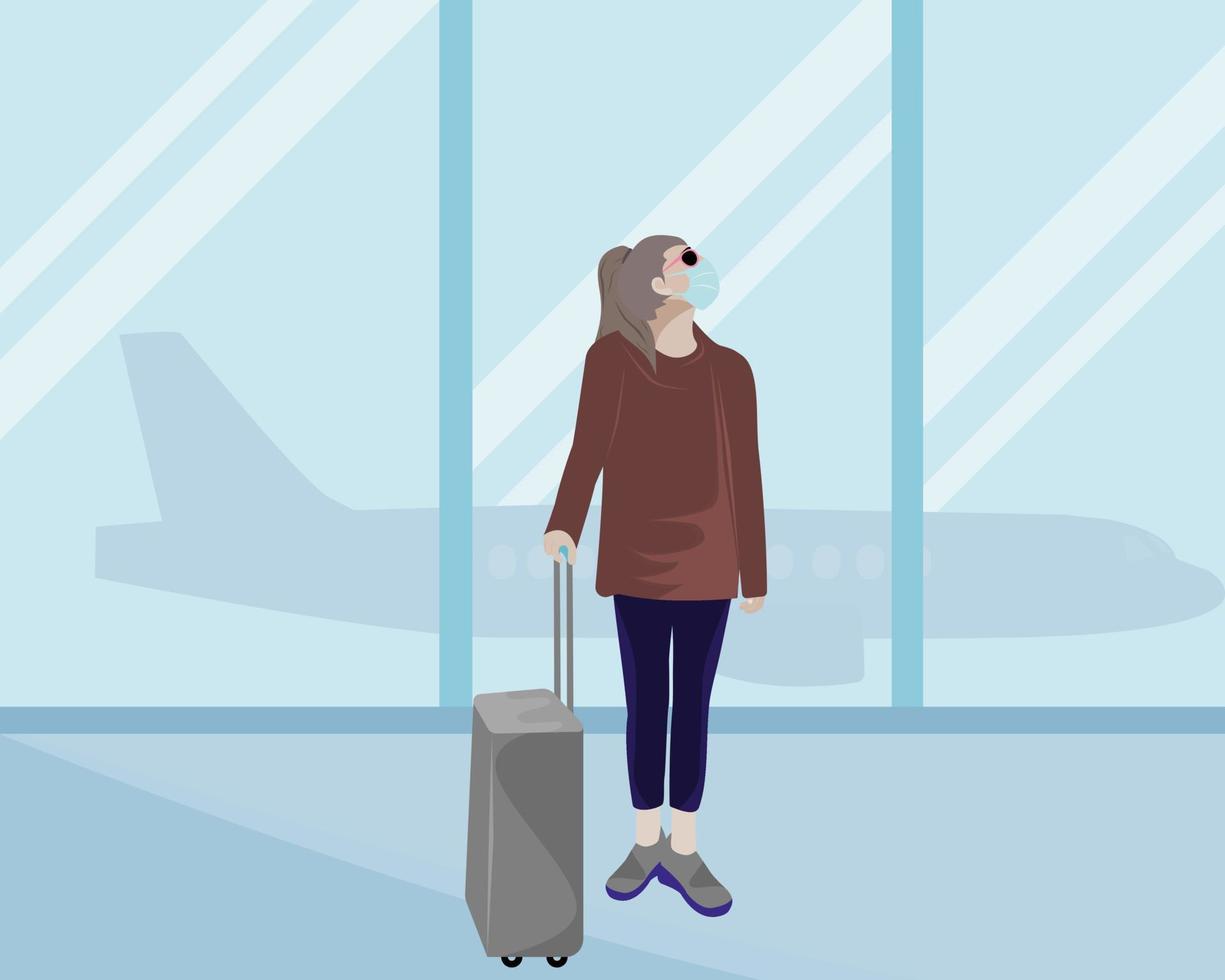 mujer con una máscara para prevenir infecciones. pararse con una maleta en el aeropuerto. concepto de viaje seguro en la nueva normalidad vector