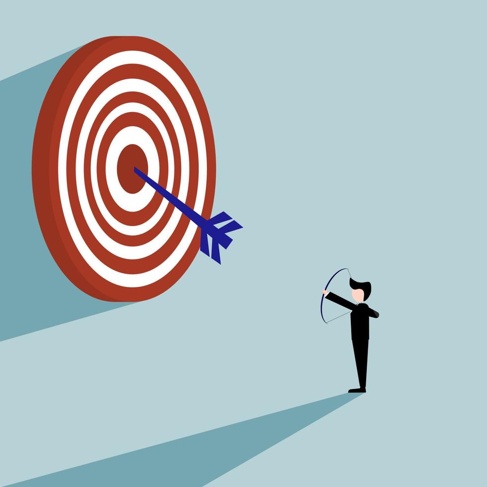 businessman in a black suit standing shooting at the target with a archer , concept business go to target. vector