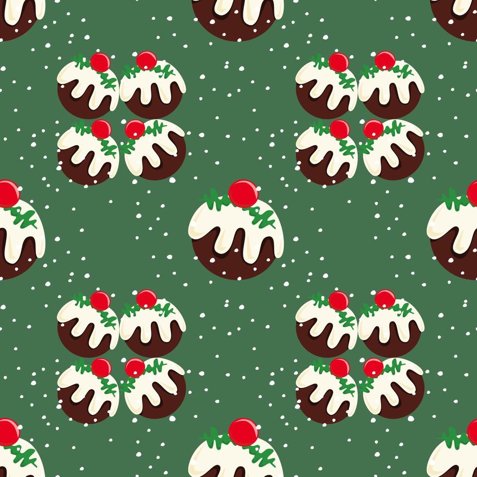 Christmas pudding seamless pattern background  On a green background and snowing vector