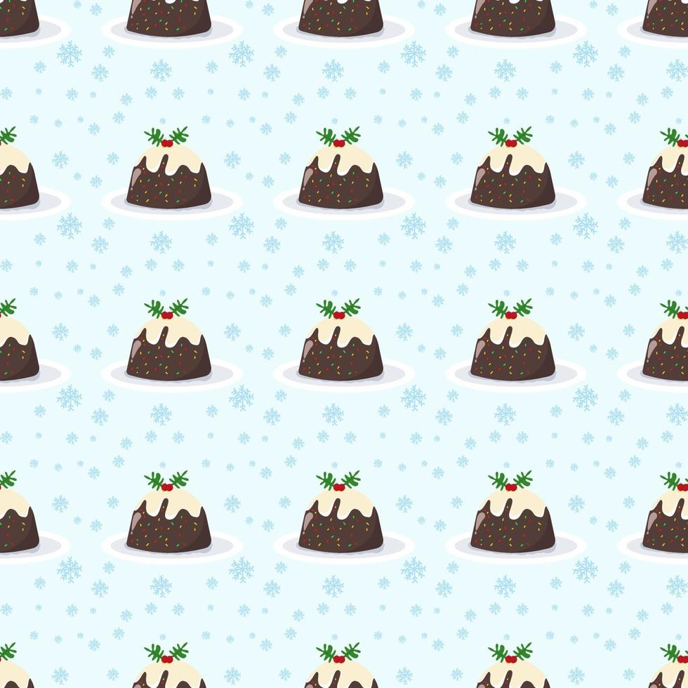 Christmas pudding seamless pattern background  On a green background and snowing vector