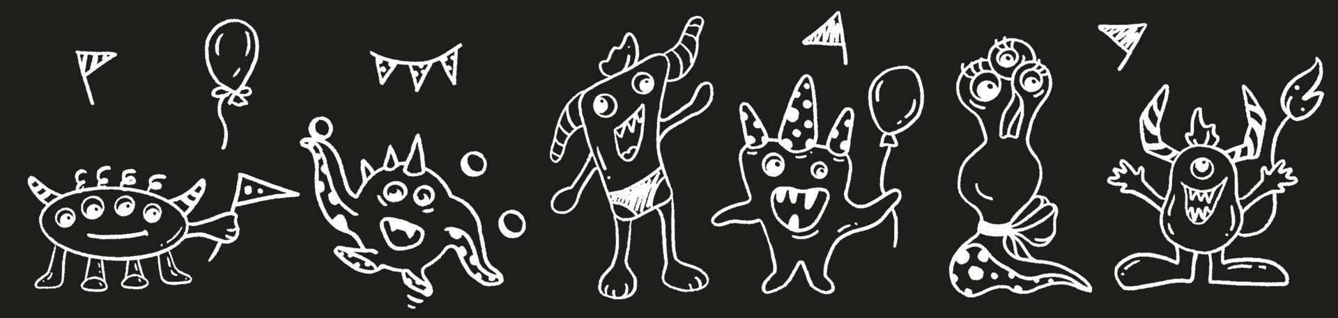ilustración vectorial dibujada a mano en blanco y negro de 6 monstruos divertidos vector