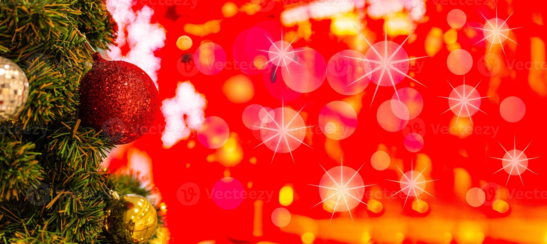 Christmas Tree In Bokeh and blur Background. Ornament And Abstract Defocused Lights. Concept Christmas Day, happy, highlights, holiday, light, merry, new year, night, season 2023. Copy space on right. photo