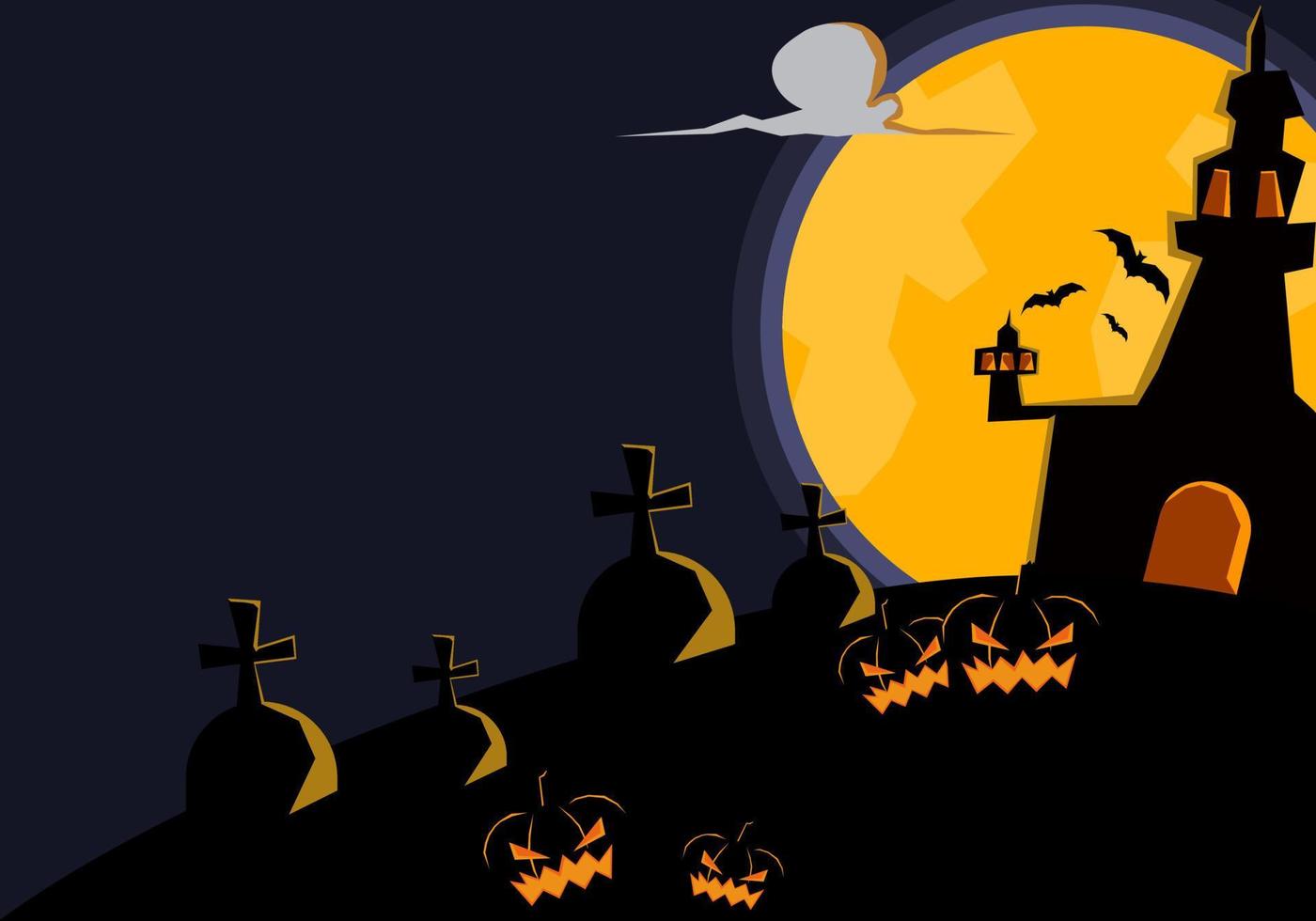cementerio y calabaza fantasma en el fondo de la noche de luna de halloween y murciélagos diablo espeluznante en el festival en ideas de otoño, ilustración vectorial, para papel tapiz vector