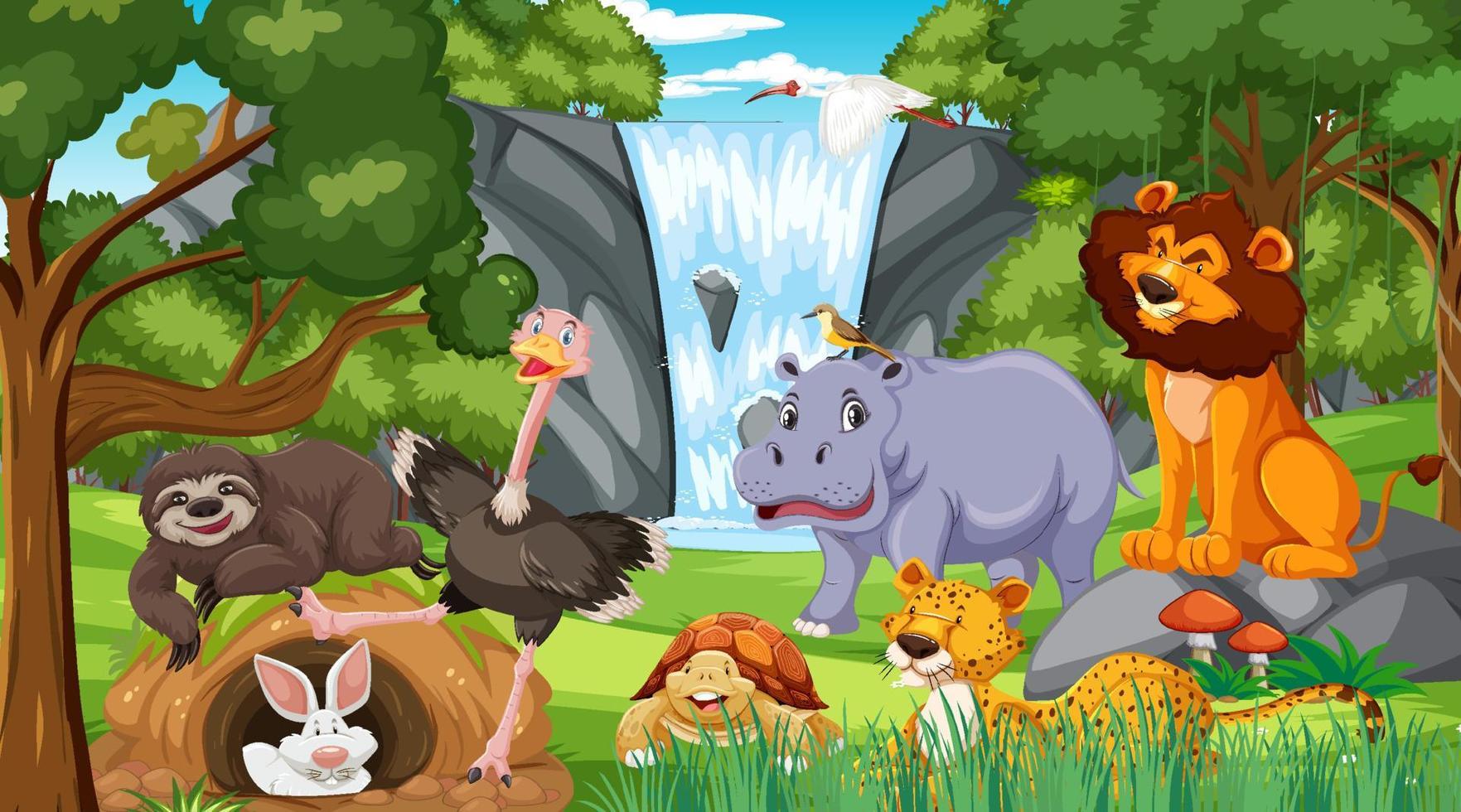 Cartoon wild animals in the forest vector