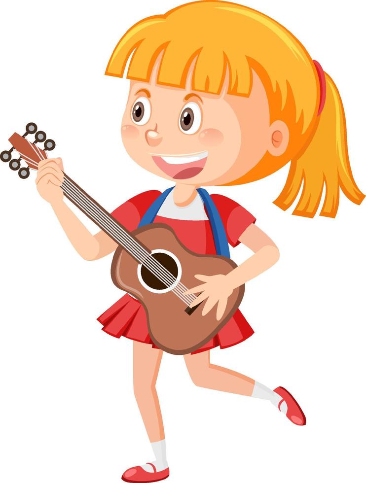 Happy girl with guitar on white background vector