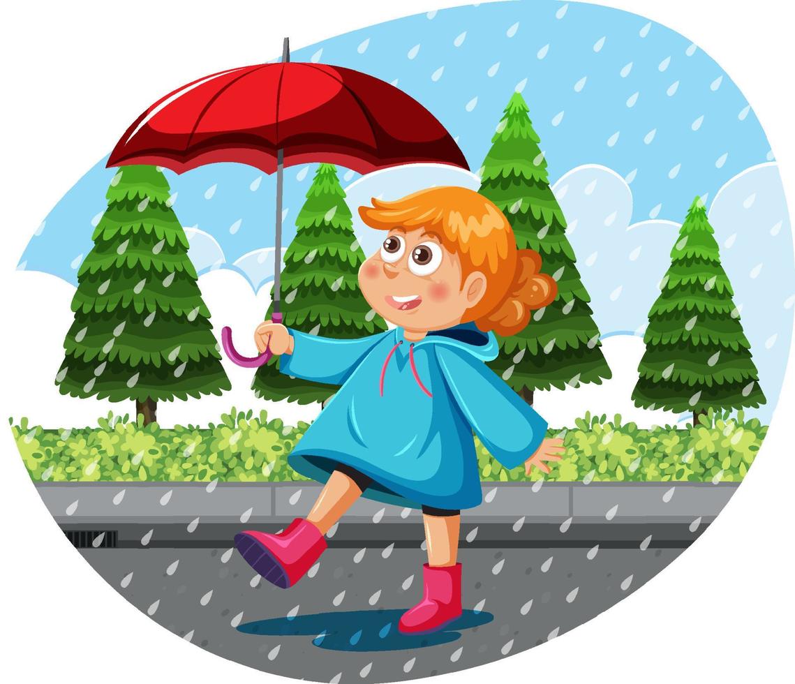 A girl wearing raincoat holding umbrella in a rain vector