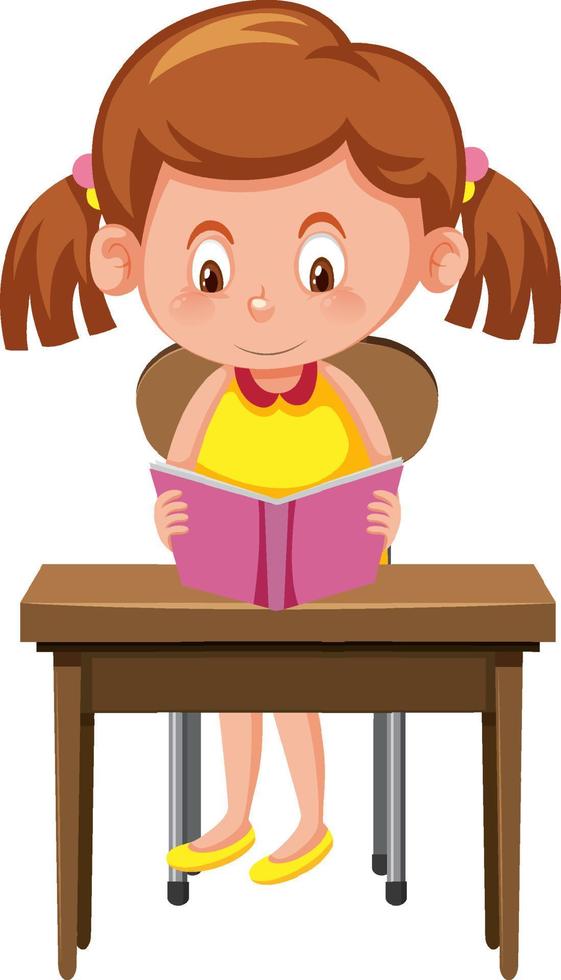 Girl reading book on school desk vector