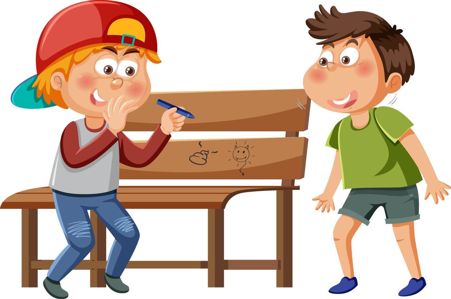 A boy drawing damage to bench public vector