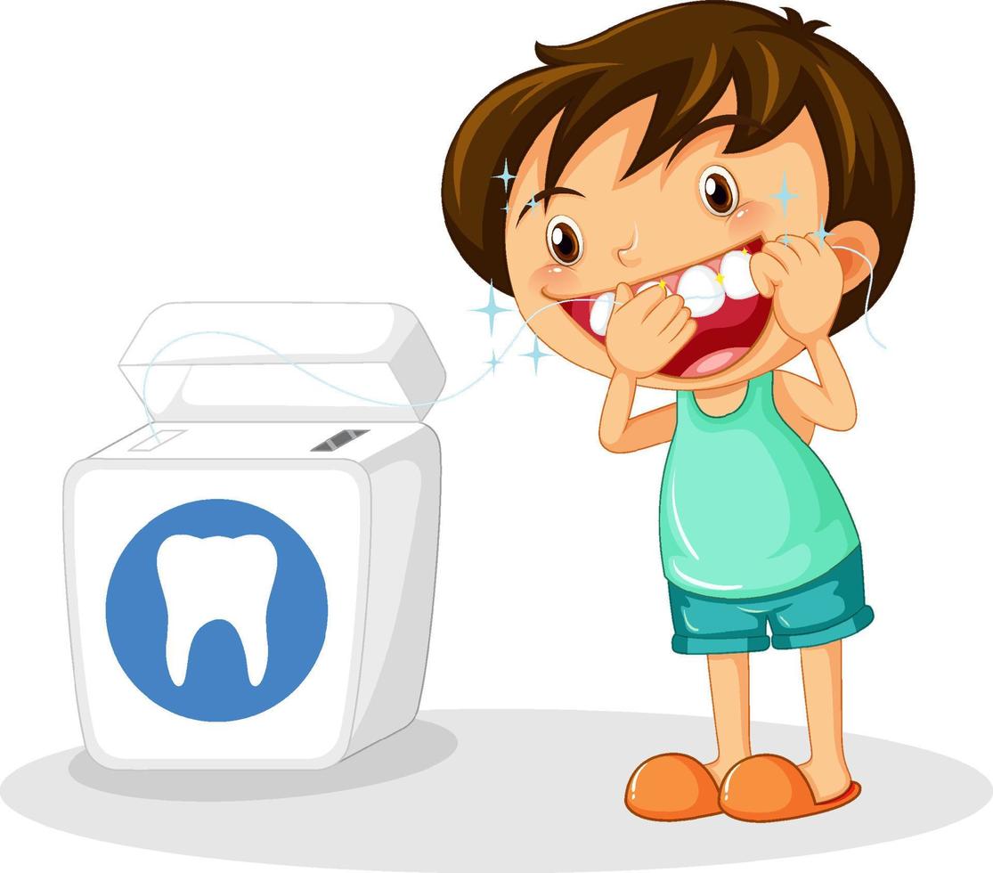 lindo niño personaje de dibujos animados usar hilo dental vector