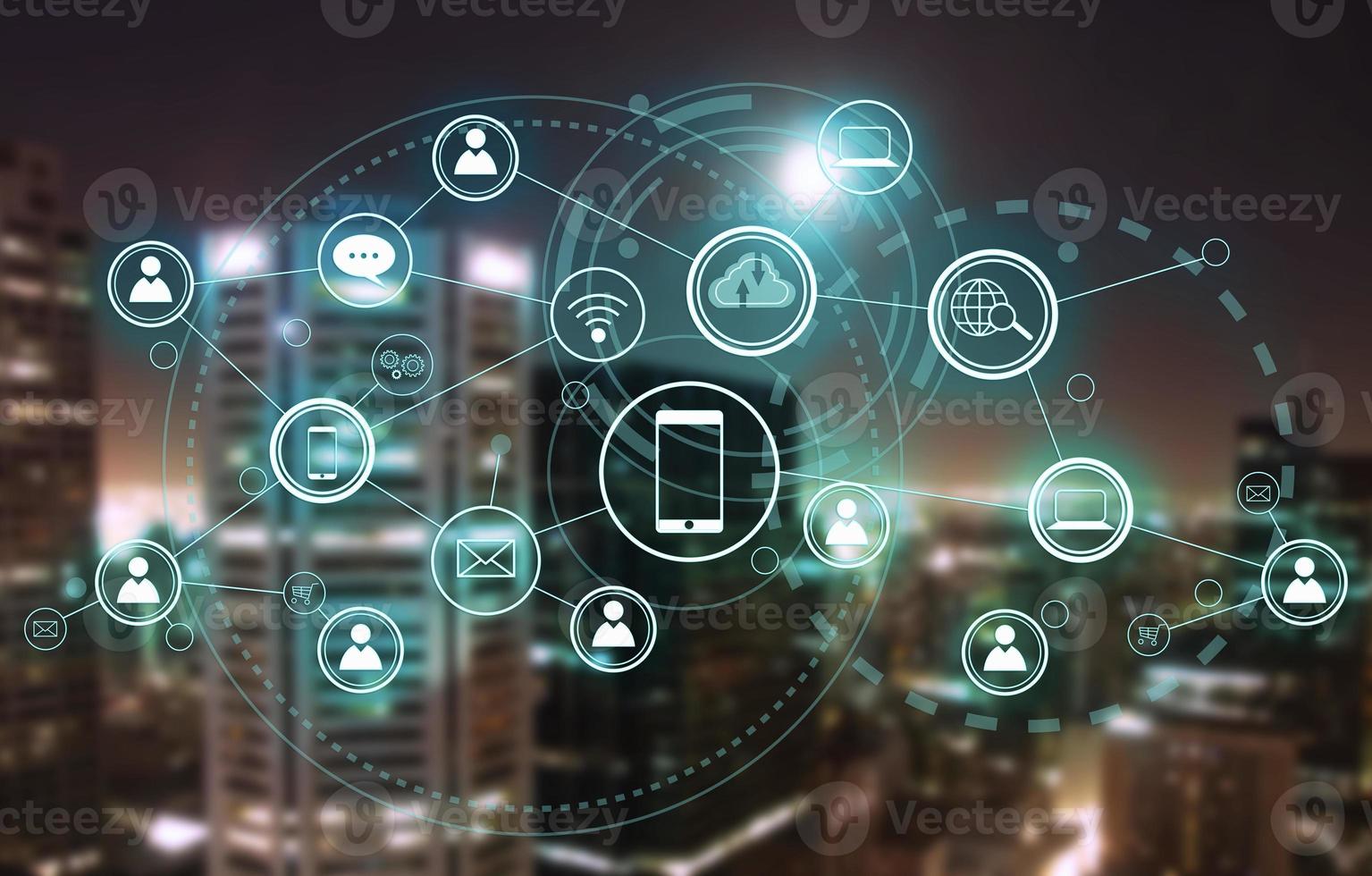 People and technology concept, global communication icon with network connections line. Internet of things and smart city and social networking concept. photo