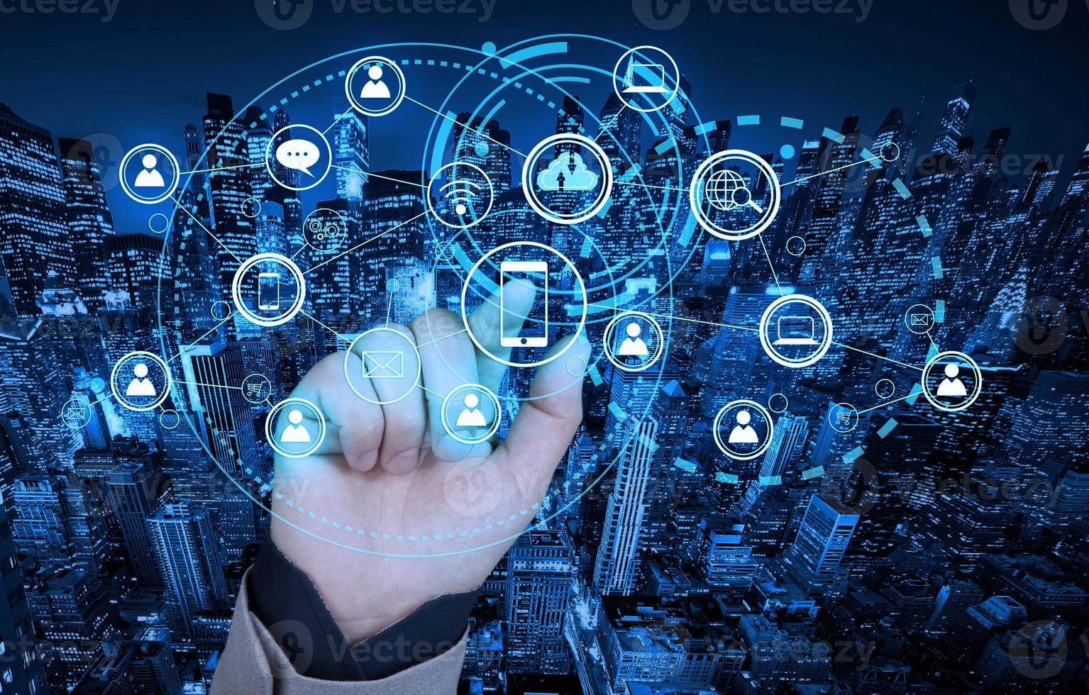 People and technology concept, global communication icon with network connections line. Internet of things and smart city and social networking concept. photo