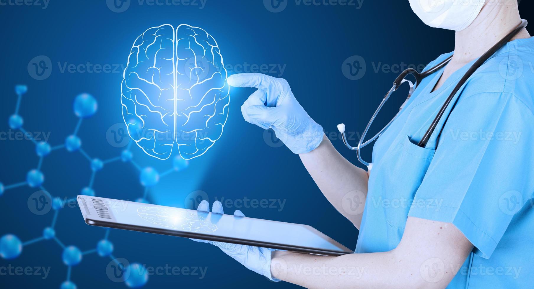 Doctor Neurologist in a medical uniform points his finger at the hologram of the brain in neon color. brain defects. dark blue background with DNA molecule. Medical poster. photo