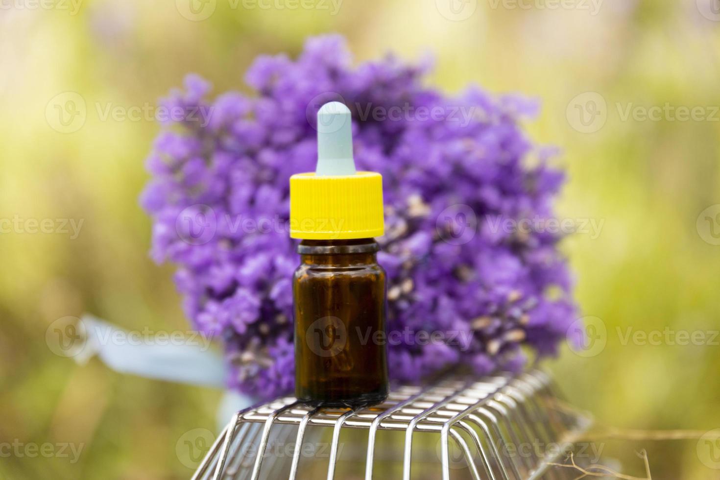 botella médica de vidrio marrón con cuentagotas, gotas nasales, aceite  esencial de lavanda con flores de lavanda frescas sobre un fondo de campo  de lavanda natural. lavandula oleum. 8136325 Foto de stock