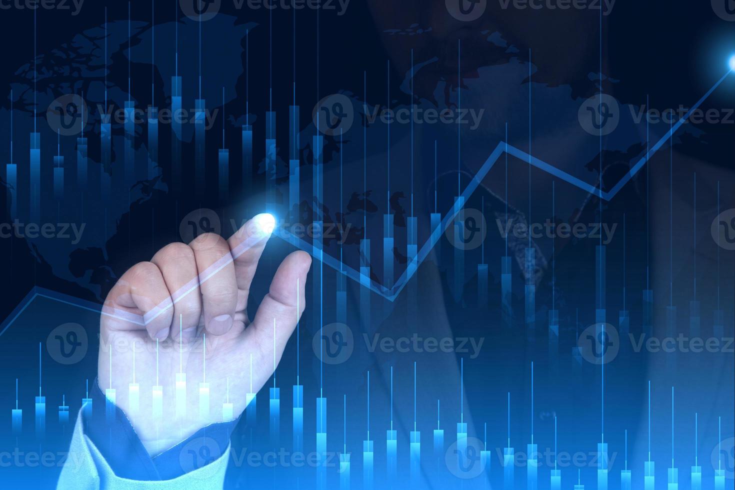 Stock market growth graph, forex manipulation, the hand of a man businessman points to the neon point of growth and profit, double exposure. photo