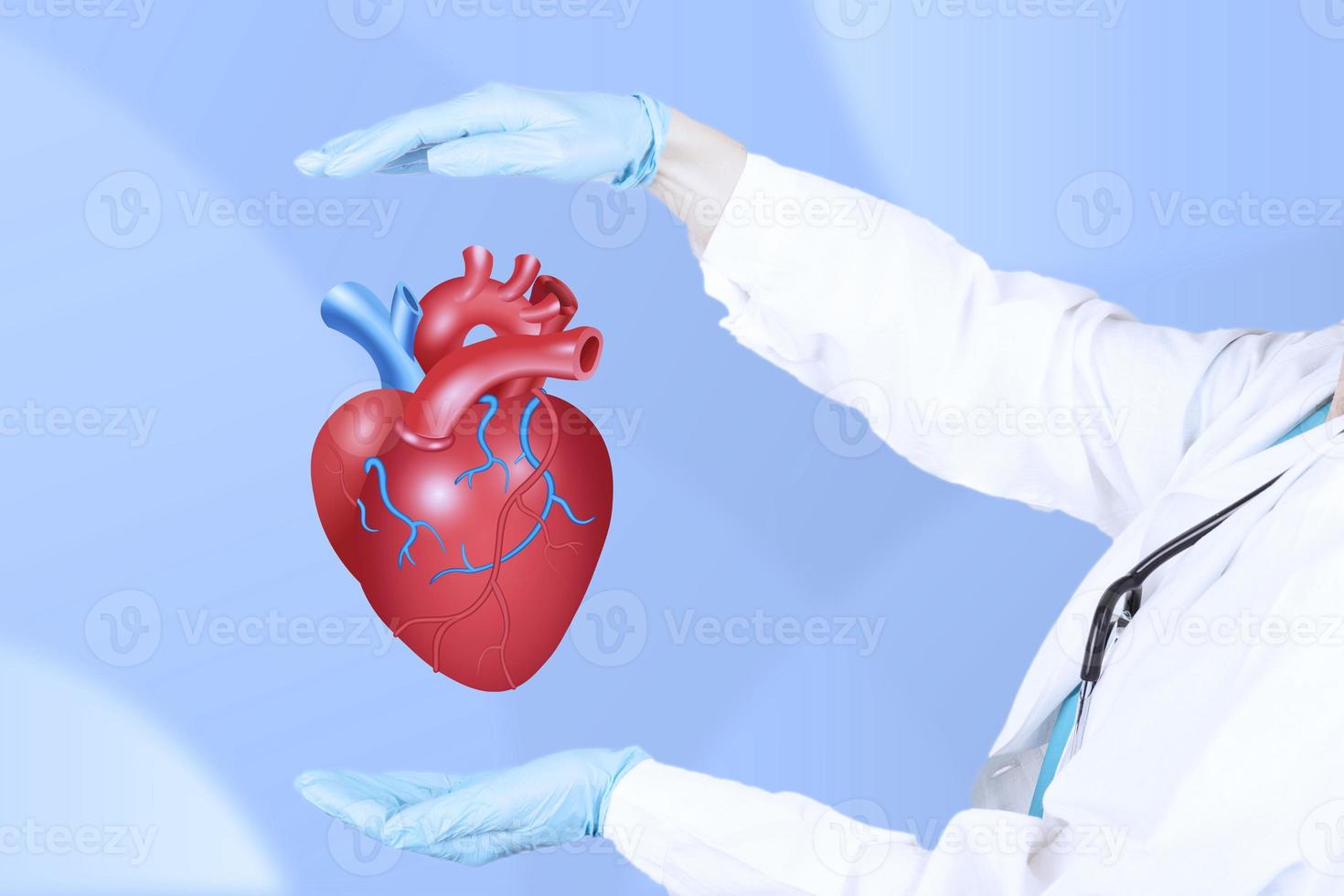 A cardiologist with a stethoscope supports and protects with his hands, a realistic red heart as a symbol of the prevention and treatment of cardiovascular diseases. Insurance medicine. photo