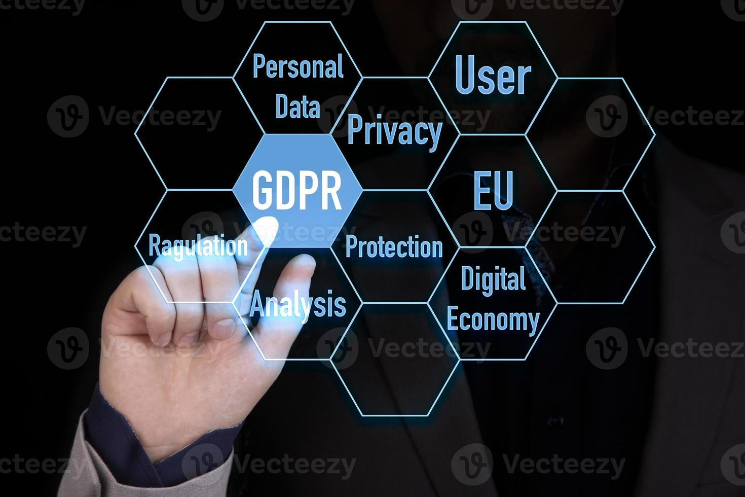 GDPR, General Data Protection Regulation, Privacy, EU Compliance. A businessman's hand finger points to GDPR icons in the form of a hexagon in honeycombs. photo