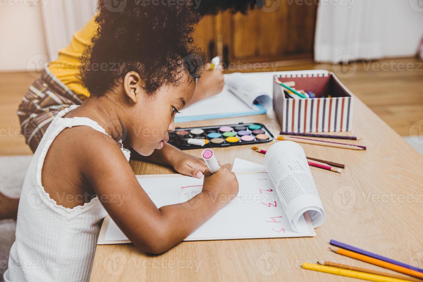 American Black preschool daughter kids doing homework learning education with her sister living together at home. photo