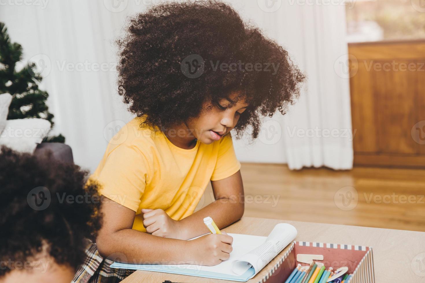 American Black preschool daughter kids doing homework learning education with her sister living together at home. photo