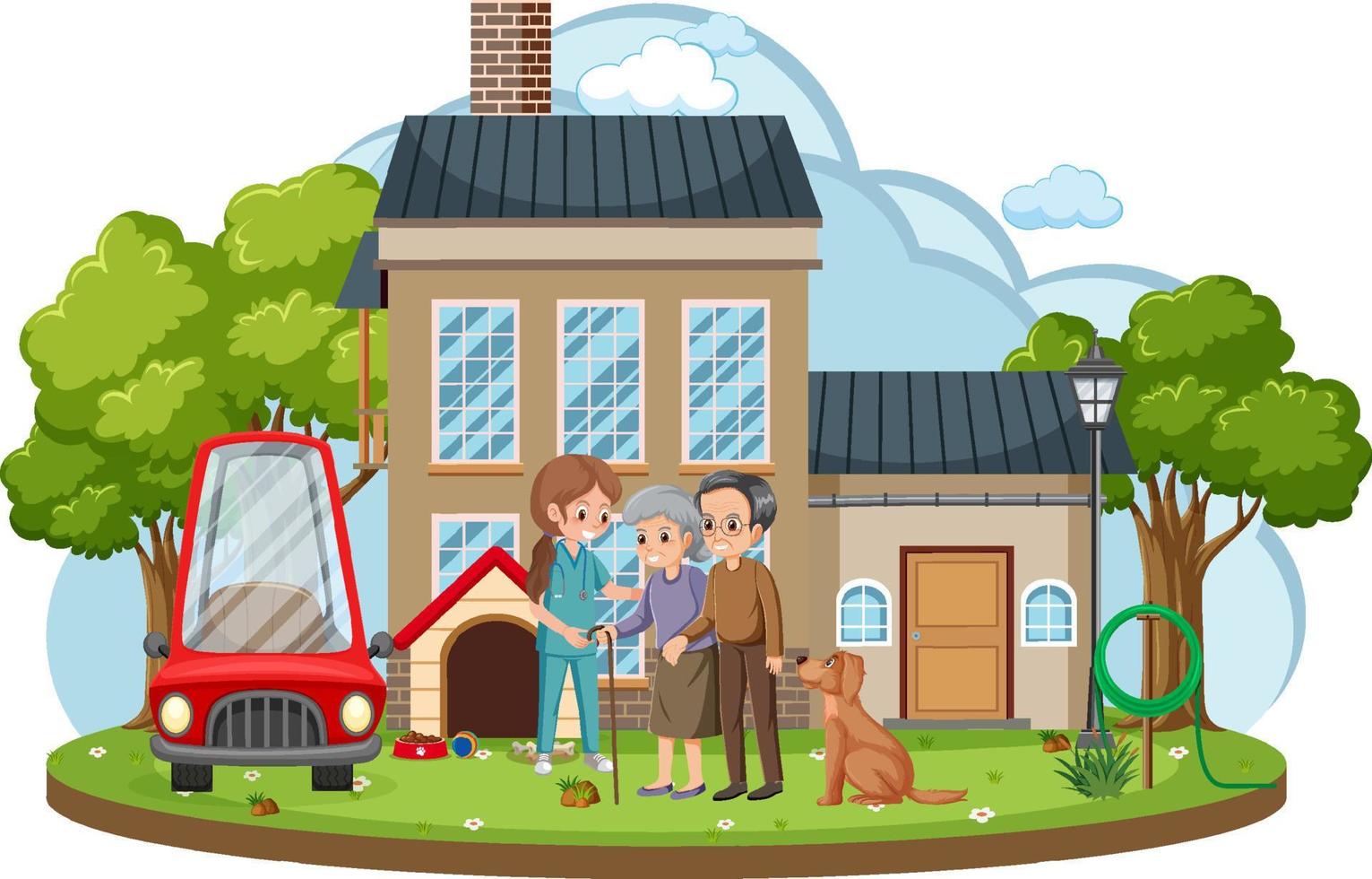 Elderly couple with caregiver in front of house vector