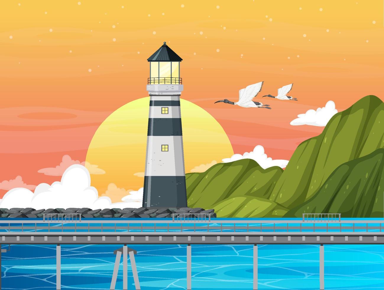 Sunset time with lighthouse on coast vector