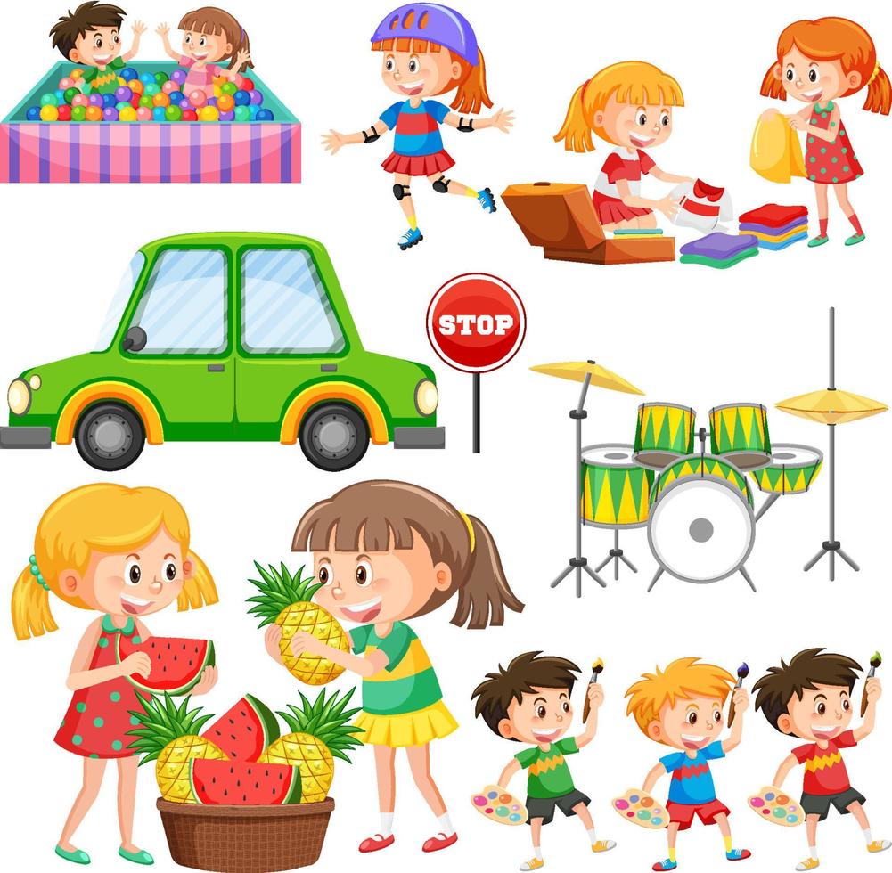 Set of different cute kids and objects vector