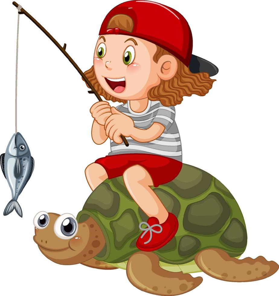 Kid sitting on turtle fishing vector