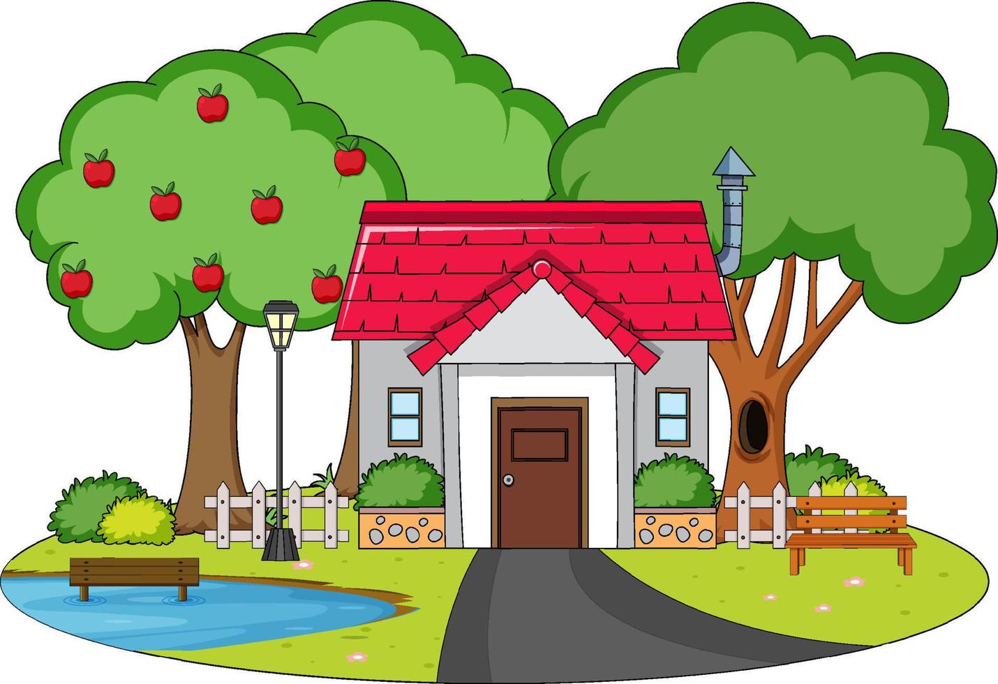 House with many trees and little pond vector