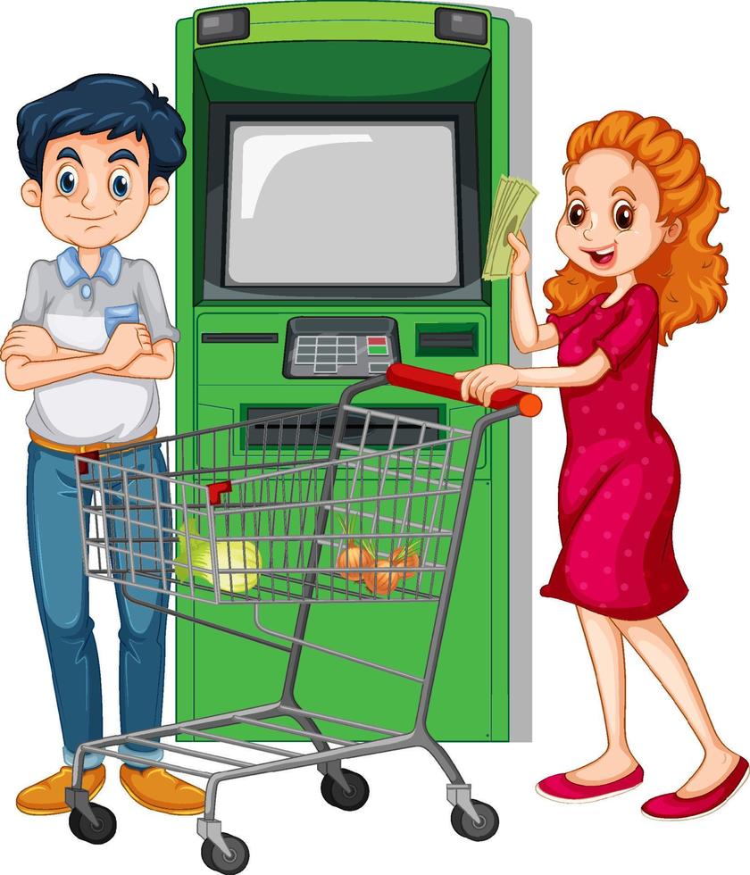 A man withdraw money from atm machine and his wife vector