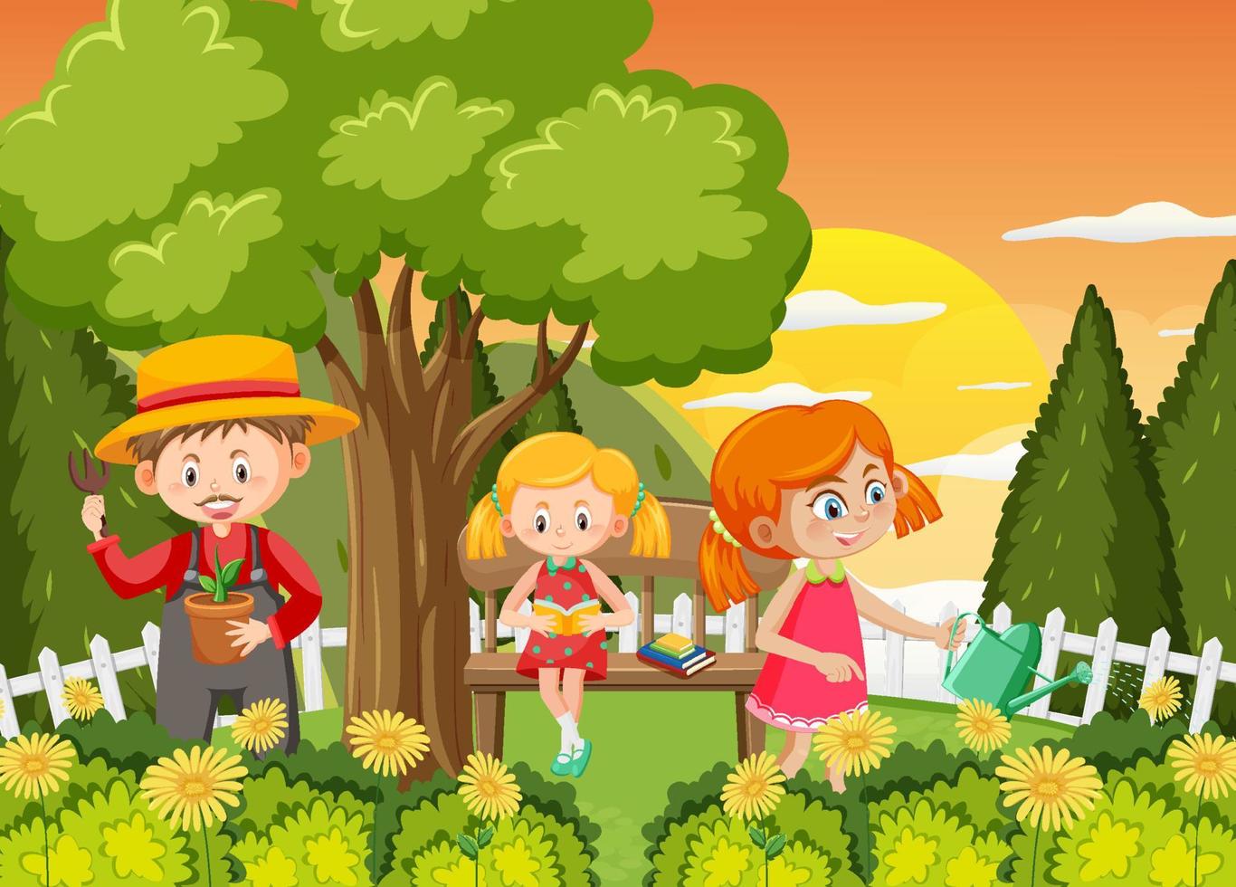 Happy people in the park gardening vector