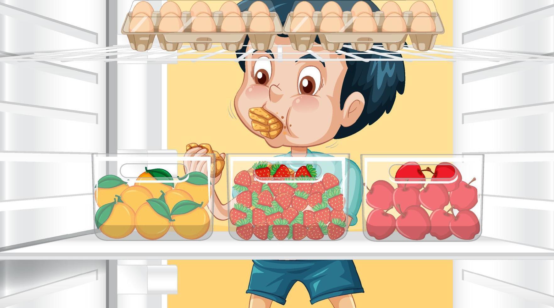 Hungry boy looking foods in fridge vector