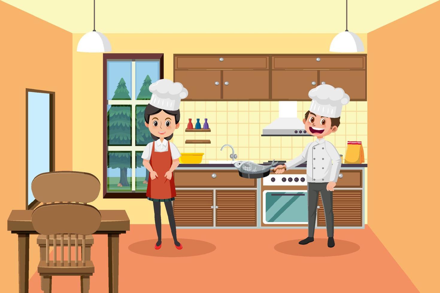 Two chefs working in kitchen vector
