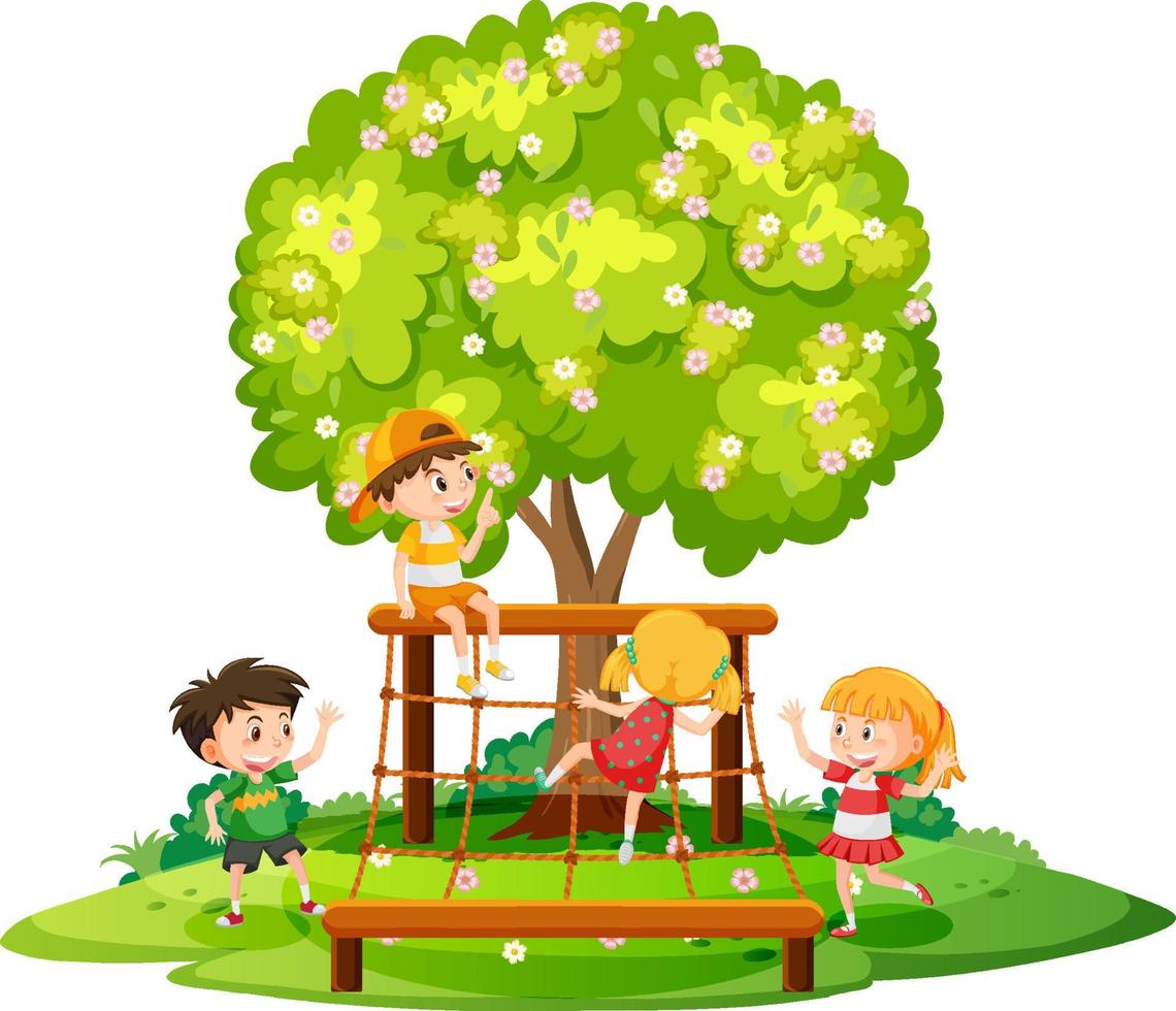 Children climbing on rope wall vector