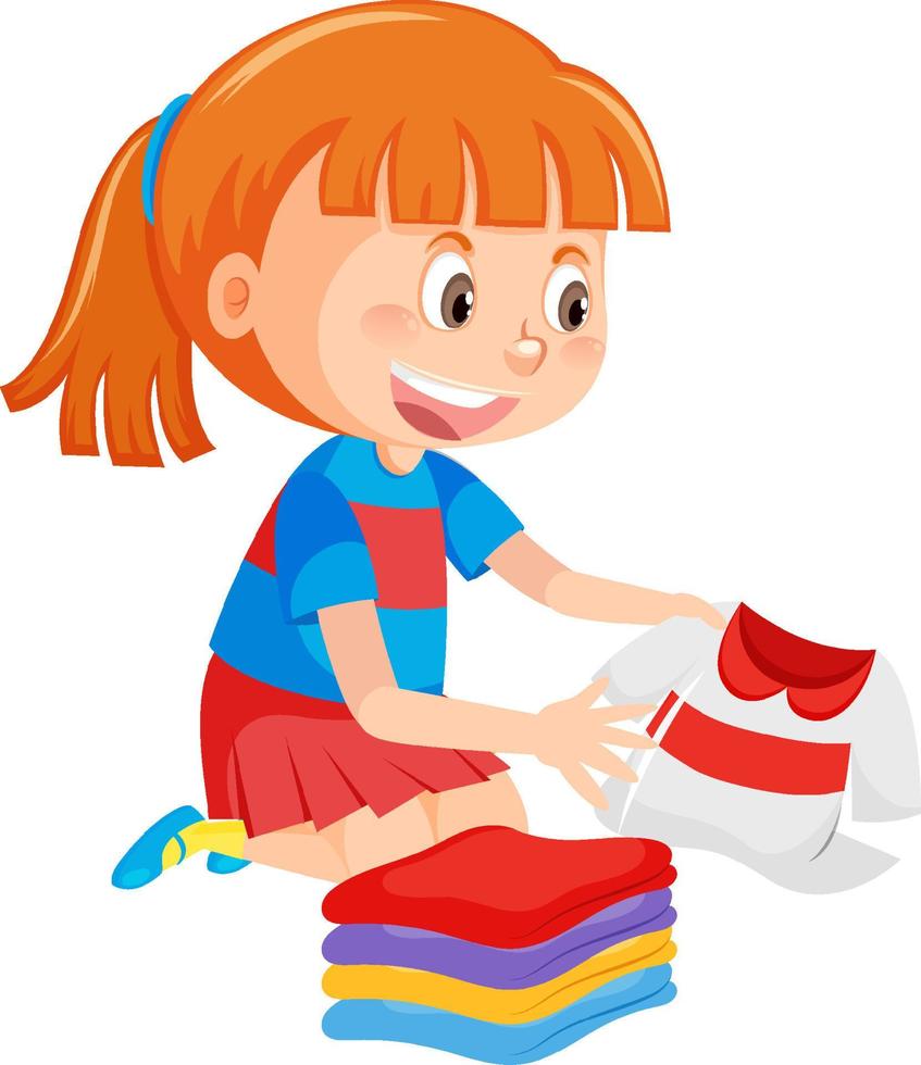 A girl folding cloth on white background vector